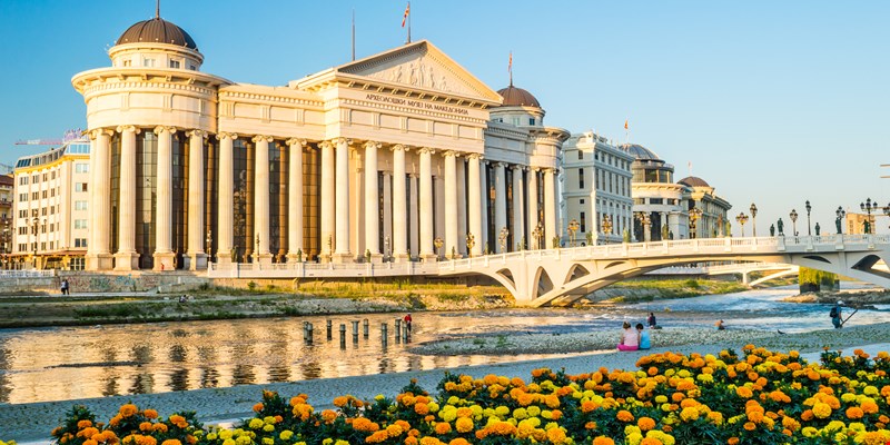 Archaeological Museum of Macedonia and Bridge of the Civilizations in downtown of Skopje